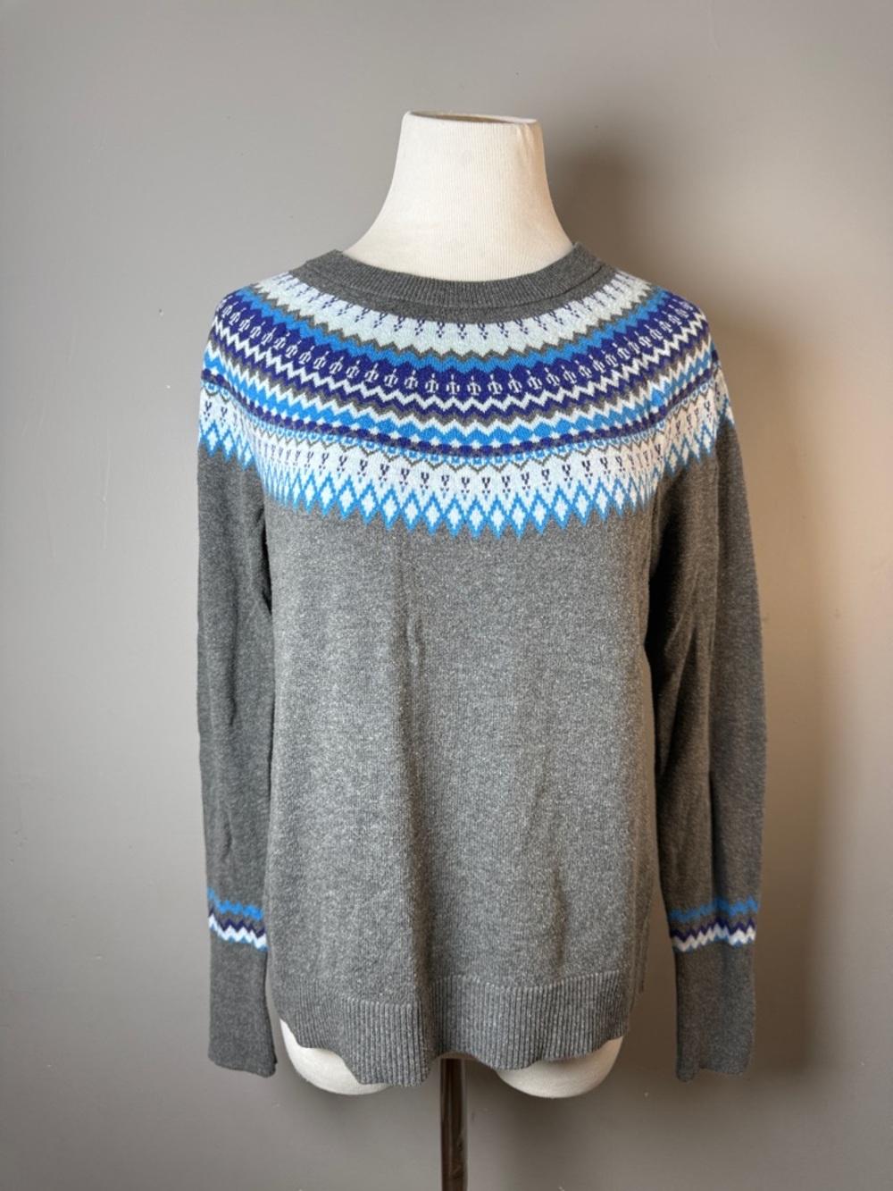 Gray Fair Isle Yoke Sweater with Blue Accents